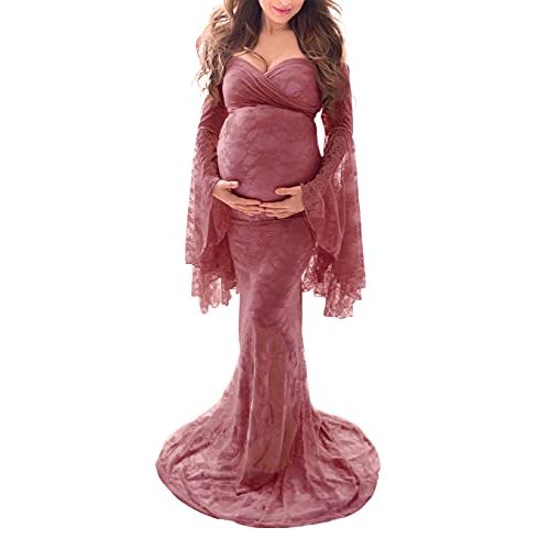 Saslax Off Shoulder Lace Maternity Dress for Photography Maxi Maternity Props Dresses for Photo Shoot Baby Shower Wedding