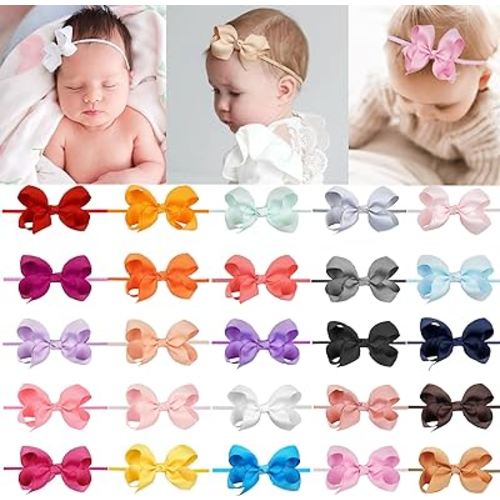 CellElection 25 Colors Baby Girls Headbands 3Inch Grosgrain Ribbon Small Hair Bows Nylon Headbands Soft Stretch Nylon Hairbands Elastics for Newborns Infants Toddlers Kids Children