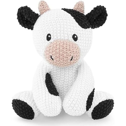 Cow Stuffed Animal for Kids,8inch Sit Cow Toys Hand Knit Doll Baby Cute Doll Bed Time,Handmade Knit Animal Toy Soft Cotton Knitted Animals Teddy Bear Christmas Birthday Gifts （Knit Cow）