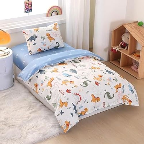 3 Pieces Dinosaur Crib Bedding Set with Cute Animal Printed,100% Cotton Nursery Bed Set Decor for Baby Girls and Boys - Fitted Sheet, Duvet Cover, Pillowcase