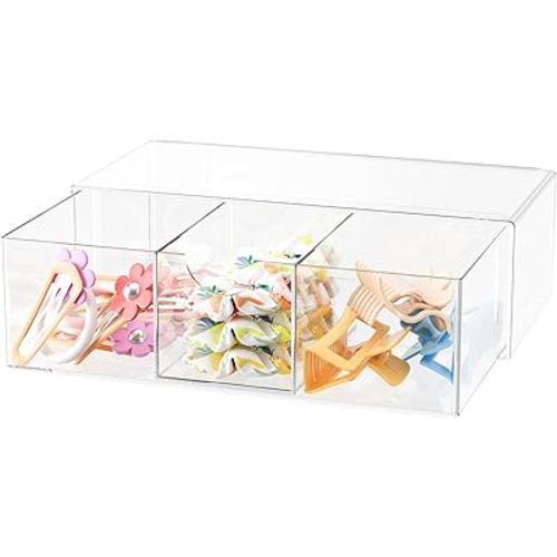 Hair Accessories Organizer for Girls, Clear Acrylic Hair Bow Tie Clip Scrunchie Holder with Divider, Cute Small Stackable Storage Drawer Container Caddy Box for Bathroom Vanity Countertop