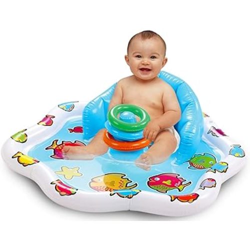 Bundaloo Baby Splash Pad with Inflatable Backrest and Stackable Ring Toys – Sensory Water Play Mat for Infants and Toddlers – Summer Outdoor Fun