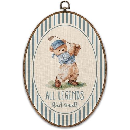 FCHHYWAL Vintage Bear Golf Nursery Oval Framed Wall Art, All Legends Start Small Blue Striped Sports Canvas Wall Art Prints Decor, Bear Golf Hanging Decor for Teen Boys Room Playroom, 8.7 x 11.3 Inch