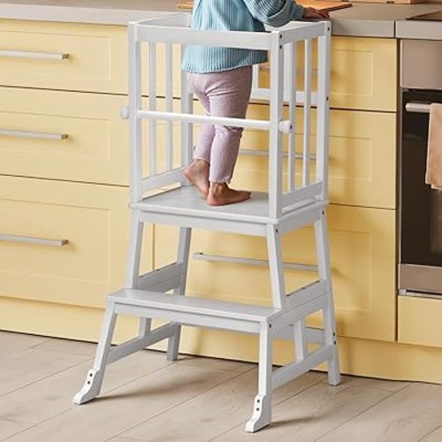 COSYLAND Kids Kitchen Step Stool Helper with Gloves Removable Anti-Drop Railing Safety Rail, Non-Slip Mat Standing Tower Stepping Stool for Toddlers Bathroom Sink Counter Learning 1.5-3 Years White
