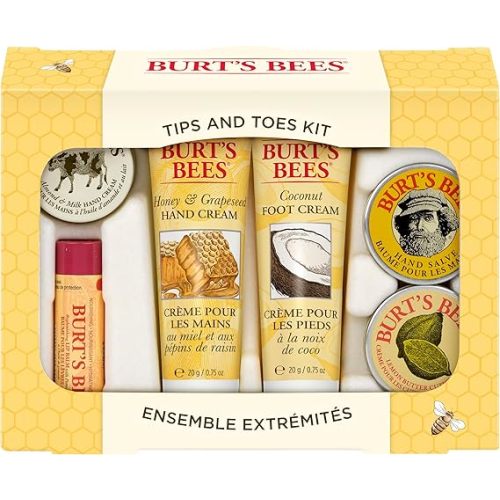 Burt's Bees Tips and Toes Set - 6 Travel Size Products Hand Creams, Foot Cream, Cuticle, Hand Salve, Lip Balm
