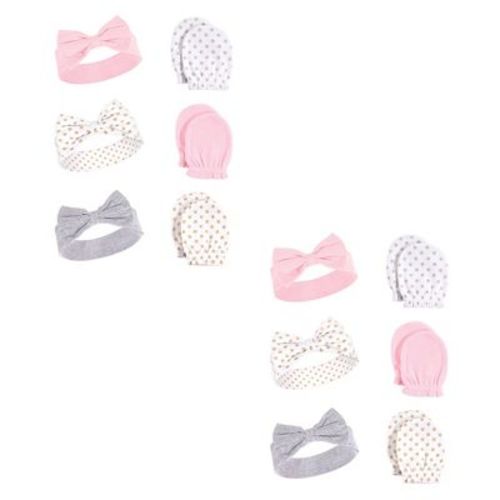 Hudson Baby Infant Girls Cotton Headband and Scratch Mitten Set, Dots 12-Piece, 0-6 Months