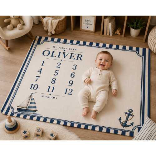 Personalized Nautical Baby Milestone Blanket, Sailboat Monthly Milestone Blanket, Custom Baby Name Blanket, First Year Baby Blanket, Baby