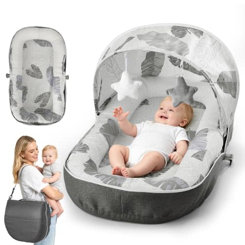 Baby Lounger with Canopy Portable & Foldable 0-12Months-Grey Leaf | Breathable Cotton Material,Portable Infant Lounger,Baby Play Mat,Supervised Use,Baby Essentials Gifts for Home and Travel
