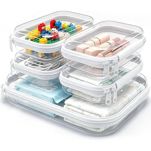 Clear Hard Shell Zipper Case,5 Pack Diaper Bag Organizing Pouches,Clear Travel Makeup Case,Hard Plastic Zipper Case Travel Toiletry & Cosmetic Bag,Toy and Make Up Organizer Pouch (1L 4S)