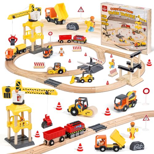Lehoo Castle Wooden Train Set, Construction Toys Train Set for Toddlers 2-4, Wooden Train Track for Kids w/Crane, Railway Playset Toys for 3 Year Old Boys Girls