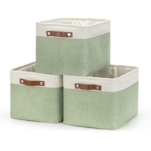 Aoibox Fabric Storage Baskets Organizer for Clothes Toys Shelves Foldable Canvas Bins with Handles Gray Green 3 Pack