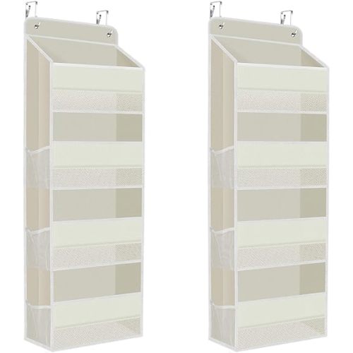 SpaceHacks 2 Pack Over The Door Organizer, Hanging Storage Organizer with Clear Window, 40lb Ultra Sturdy Large Capacity Room Organizer for Pantry Laundry Bathroom Nursery Closet (Beige)