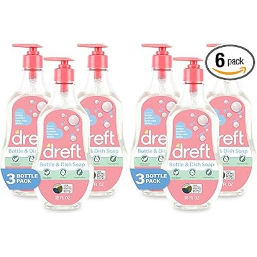 Dreft Bottle and Dish Soap | Made to Clean Baby Bottles,Sippy Cups,Pacifiers,Breast Pumps,& More | Gently Removes Milk Film & Odors-| Plant Based,Fragrance Free Dish Soap-| 18 Fl Oz,(Pack of 6)