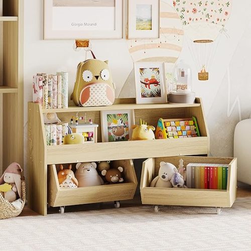 Fulhope Toy Storage Organizer for Kids, Toy Storage Cabinet with Drawers, Boys and Girls Toy Shelf with Wheels, Toy Organizer Kids Bookshelf with Storage for Nursery, Playroom, Bedroom (Burlywood)