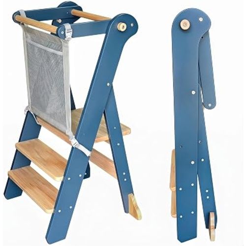 Foldable Toddler Tower, Kids Kitchen Step Stool, Height Adjustable Montessori Toddler Standing Tower with Safety Rail & Anti-Slip Design, Wooden Helper Stool for Ages 1–6 (Blue Gray)