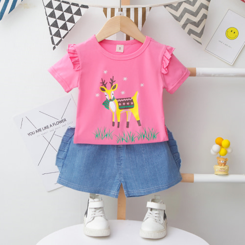 Toddler Girl Deer Pattern Cute Top & Denim Shorts - hibobi