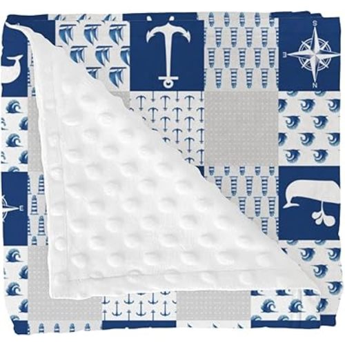 Coastal Compass Anchors Lighthouse Ship Baby Blankets for Girl Boy Nautical Marine Whale Soft Mink Dotted Backing Double Layer Swaddle Blanket for Toddler Nursery Sailing Adventure Bed Blanket 30x40