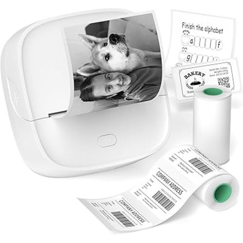 JD-23 Sticker Printer, Mini Portable Thermal Printer Print Pod, Inkless Bluetooth Label Maker with Smart App for Phone & Tablet for Office & Home Use, 2 Rolls Sticker Paper, White