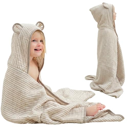 HardNok Ultra-Soft Muslin Toddler Hooded Towel – 55 x 28 Inches, Made with Organic Cotton, Gender-Neutral Warm Brown Striped Jacquard Pattern, Ideal for Bath & Beach, Newborn to Toddler