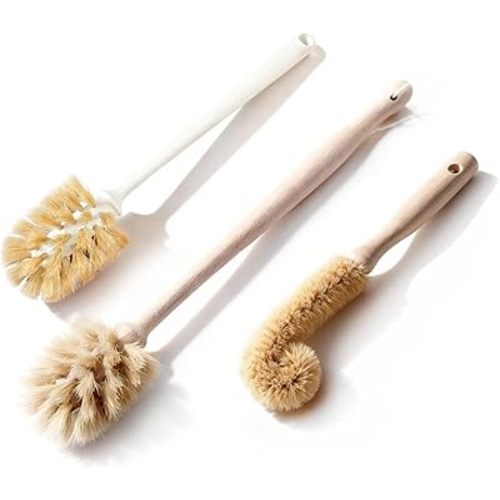 Bottle Brush & Dish Scrubber Set (3 Pack) - Kitchen Cleaning Kit with L-Shape Bottle Cleaner, Round Pan Brush & Detail Scrubber - Multi-Use for Bottles, Pots, Pans & Glassware