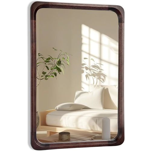 Tanmicoshomy Wood Bathroom Mirror 24 x 36 Inch, Solid Wood Framed Rectangle Mirrors with Tempered Glass for Living Room Bedroom Office or Entryway(Dark Brown)