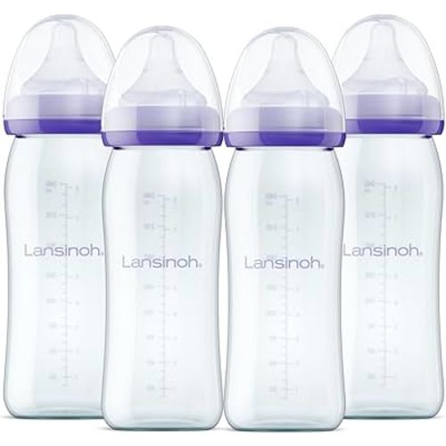 Lansinoh Anti-Colic Glass Baby Bottles, 8 Ounces, 4 Count Bottles for Feeding, Baby Essentials, Includes 4 Medium Flow Nipples, Size M