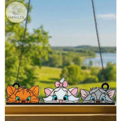 Peekaboo Aristocats Suncatcher, Marie Toulouse Berlioz Peeking Cat Window Hanging, Faux Stained Glass Acrylic Art, Disney Nursery Decor