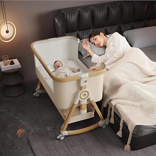 Beige Baby Bassinet Bedside Sleeper, 6 Height Adjustable Co Sleeper Bassinet, 360° Lockable Wheels & Rocking Mode, Sturdy Metal Frame, Large Storage Basket & Mosquito Net, Premium Mattress for Newborn