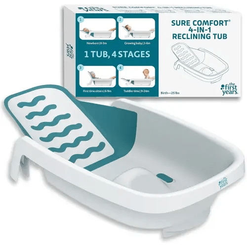 The First Years 4-in-1 Reclining Baby Bathtub - Adjustable Recline for Custom Comfort for Newborn to Toddler - All-in-1 Baby Bath Seat Adjusts as Baby Grows - Ages 0 to 24 Months