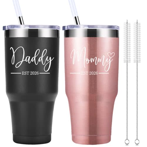 momocici Daddy and Mommy Est 2026 30 OZ Tumbler.New Parents Gifts.Pregnancy Anniversary Parents to be Couple Gift.Gifts for New Dad New Mom Mother's Day Father's Day.(Black&Rose Gold)