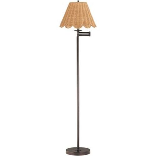 360 Lighting Cottage 60 1/2" Tall Standing Floor Lamp Skinny Pole Swing Arm Adjustable Brown Bronze Finish Living Room Natural Rattan Beige Shade