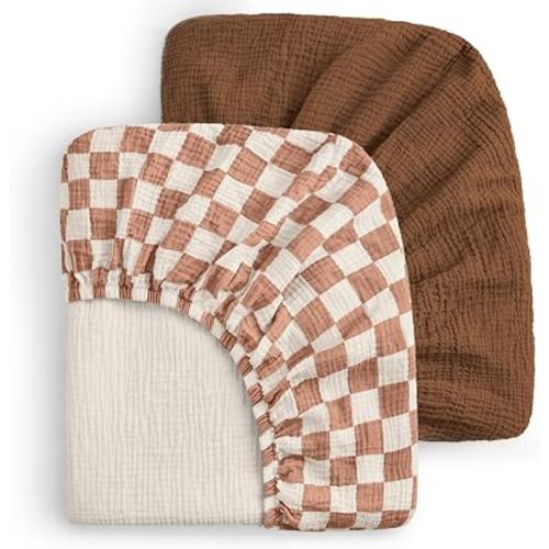 Blissful Diary Muslin Mini Crib Sheets, 2 Pack, Brown Checkboard & Brown