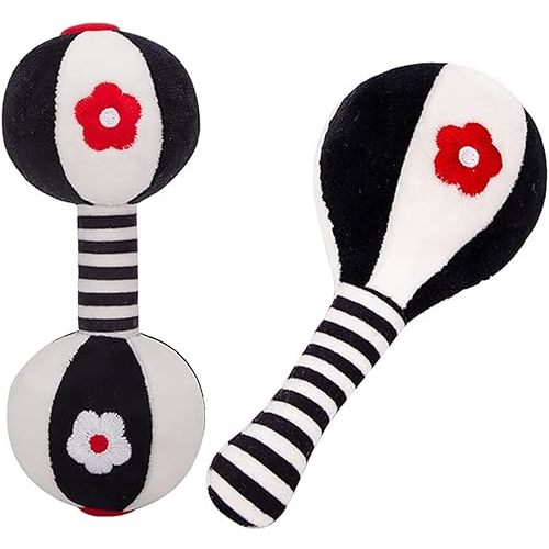Soft Baby Rattles for 0-6 Months - 2 Pack Infant Developmental Toys with Black & White Contrast Sensory Newborn Toys for Girls & Boys Set (BPA Free)