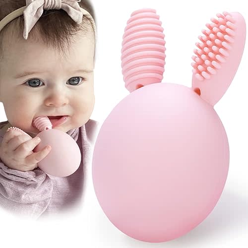 Teether Baby Teething Toy Rabbit Egg Rattle Toy Teething Pain Relief for Babies Boys Girls - Pink