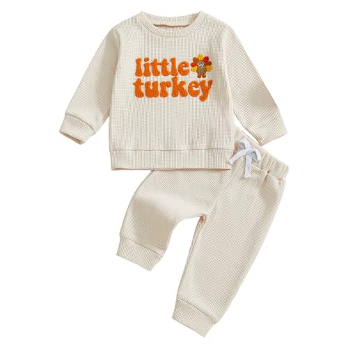 Karuedoo Toddler Baby Boy Thanksgiving Outfit Little Turkey Embroidery Waffle Knit Sweatshirt and Pants Set 2Pc Fall Clothes