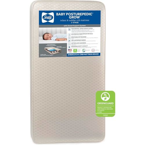Sealy Baby Posturepedic Grow Breathable 2 Stage Waterproof Crib Mattress plus Toddler Bed Fit, Non Toxic Cotton Cover, GREENGUARD Gold Certified, Safety & Quality Tested, Made in USA, 52"X28"