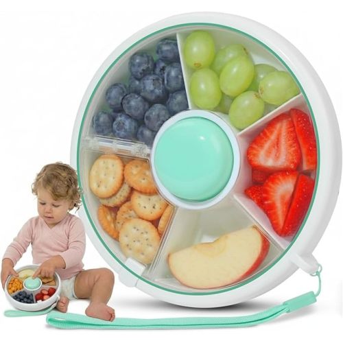 TRENDO Snack Spinner for Toddlers – Green Rotating Snack Container, BPA & PVC-Free Baby Snack Box, Spill-Proof Toddler Snack Container with Hand Strap, 5 Compartments Travel Snack Box for Kids