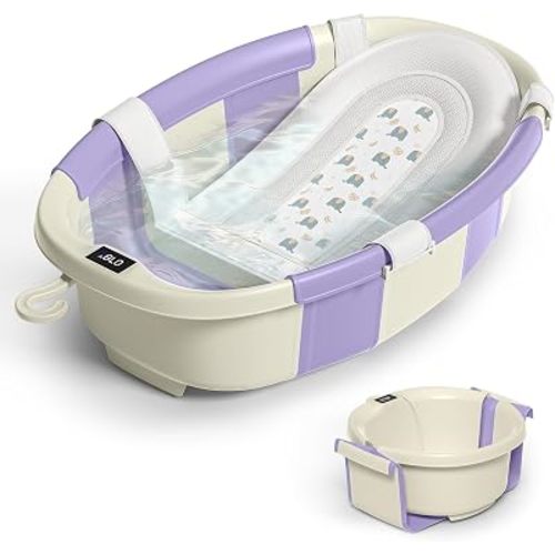 Collapsible Baby Bathtub for Newborn to Toddler 0-36 Months,Spacious Foldable Infant Bath Tub with Thermometer,Cushion & Drain Hole,Portable Travel Tub, Baby Shower Gift Lavender