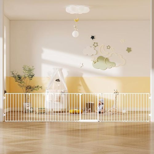 144" Extra Wide Baby Gate with Door, Configurable 6 Panels Baby Fence, Fireplace Gate with Anti-Trip Pedal, Family Essentials Safety Gate for Child Dogs Pets, 28'' Tall Black