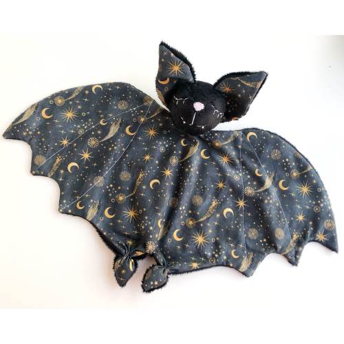 Baby lovey blanket, bat plush, baby bat gift, stars and moon nursery, snuggle cuddle lovey, gothic baby shower, bat pregnancy announcement