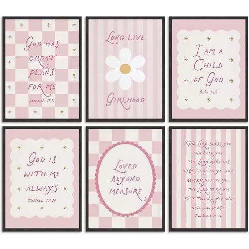 6Pcs Pink Bible Verse Canvas Wall Art Christian Girls Education Posters Prints Children's Bible Inspirational Quote Wall Decor Pictures for Nursery Kids Bedroom Classroom Home Decoration Unframed