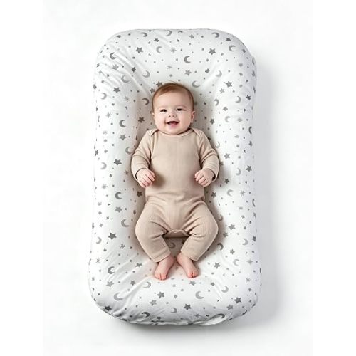 Extra Large Baby Lounger 0-12 Months, 33.5" x 19.7" Infant Support Cushion with Removable 100% Cotton Cover, No-Zipper Envelope Design, High-Density Filling for Tummy Time, Star & Moon