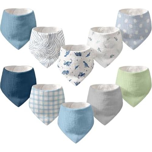 CIVARUA KIDS 10 Pack Muslin Baby Bandana Bibs for Drooling and Teething | Absorbent Cotton Drool Bib for Baby Boy Girl, Easy Adjustable Bibs for Newborn Infants Toddlers, 0-36 Months, Blue Dinosaur