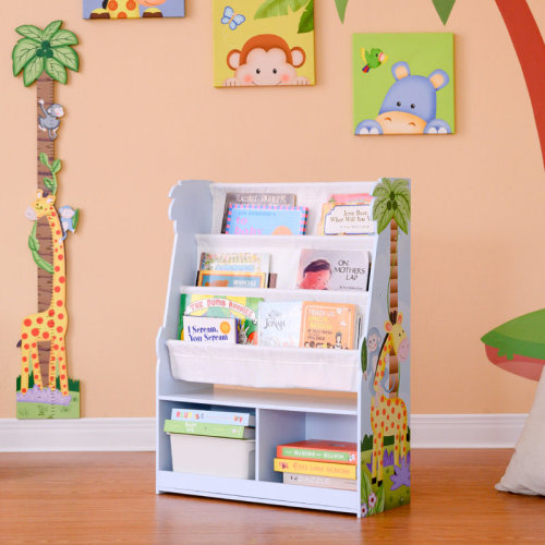 Teamson Kids Sunny Safari 3-Tier Front-Facing Wooden Bookshelf with Fabric Slings and Storage Cubbies for Playroom & Reviews | Wayfair
