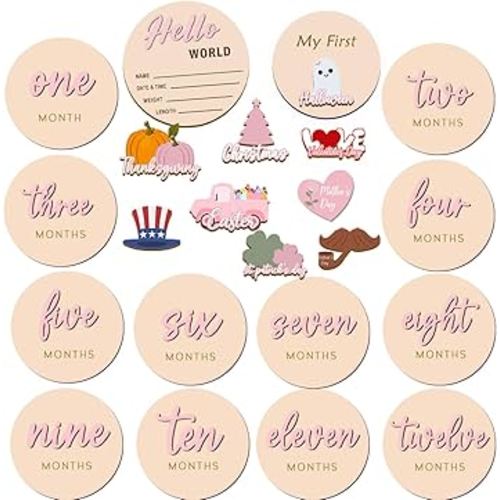 Monthly Baby Milestone Maker Discs, Baby Milestone Signs for Newborn Baby, Hello World Newborn Sign for Baby Girl & Boy, Baby Announcement Sign for 1-12 Month, Milestone Wooden Circles (Pink)