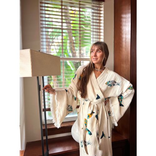 Sustainable Clothing made with organic cotton,Stone Printed fish Robe,Vacation Outfits Natural Gauze Dressing Gown,Natural Cotton Women Robe