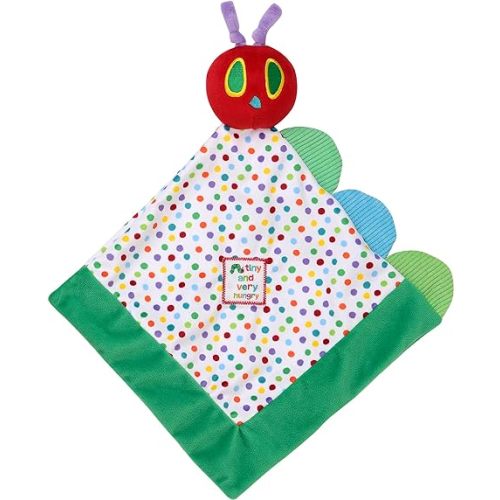 The Very Hungry Caterpillar Snuggle Blanket with Rattle and Crinkle, Green with Colorful Dot, 10 inch Square
