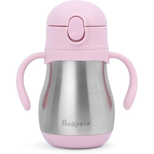 Stainless Steel Sippy Straw Cup for Toddlers 1-3 Years Old, Insulated Toddler Water Bottle Baby Training Tumbler with Handles, 8oz Kids Straw Cups for Travel, Daycare & At Home, Pink