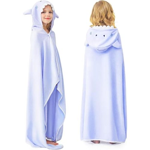 ZIONOR Hooded Bath Towel for Kids - 50''L x 35''W Extra-Large Hooded Towels for Big Kids 6-10, Kids Beach Towels Made from Bamboo Rayon, Suitable for Bath, Pool, Beach(Purple Shark)