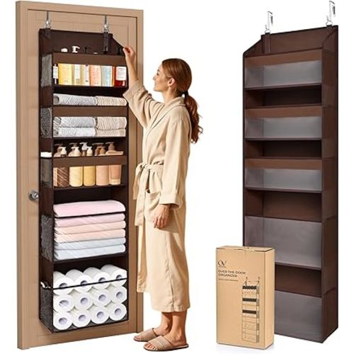 5 Tiers Over Door Organizer with 10 Mesh Side Pockets, 44 lbs Weight Capacity Hanging Storage Organizer with Clear Window Kids Toys, Shoes, Diapers, Dark Brown